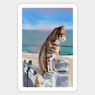 Cat on a fence by the coast Sticker